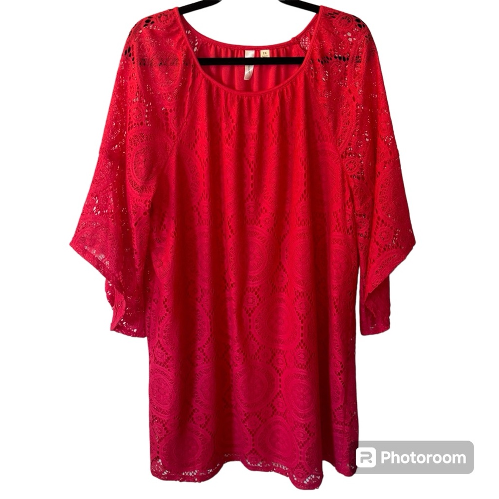 Tacera Dress Women’s 2XL Midi Coral Red Lace Overlay Pullover